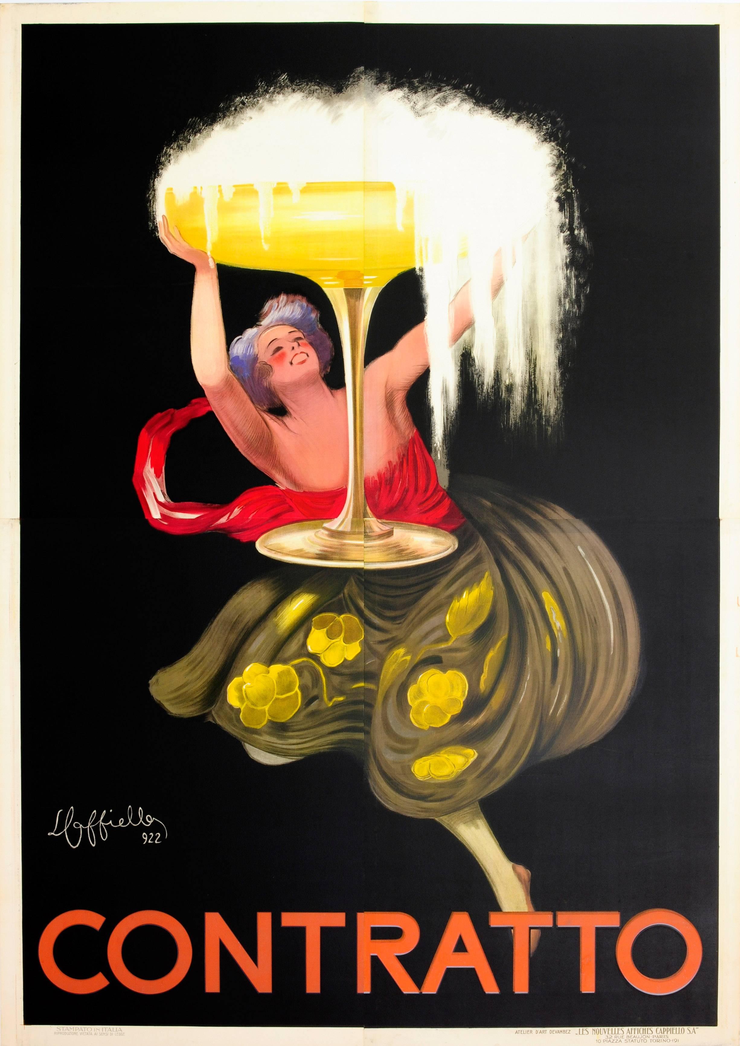 Leonetto Cappiello Print - Large Original Iconic Champagne Glass Design Poster For Contratto Sparkling Wine