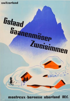 Original Vintage MOB Swiss Railway Winter Sport And Skiing Poster For Gstaad