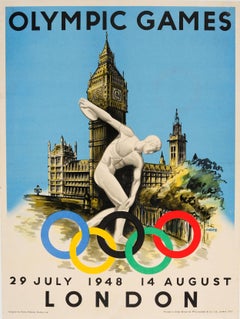 Original Vintage 1948 London Olympic Games Poster Featuring Discobolus Of Myron