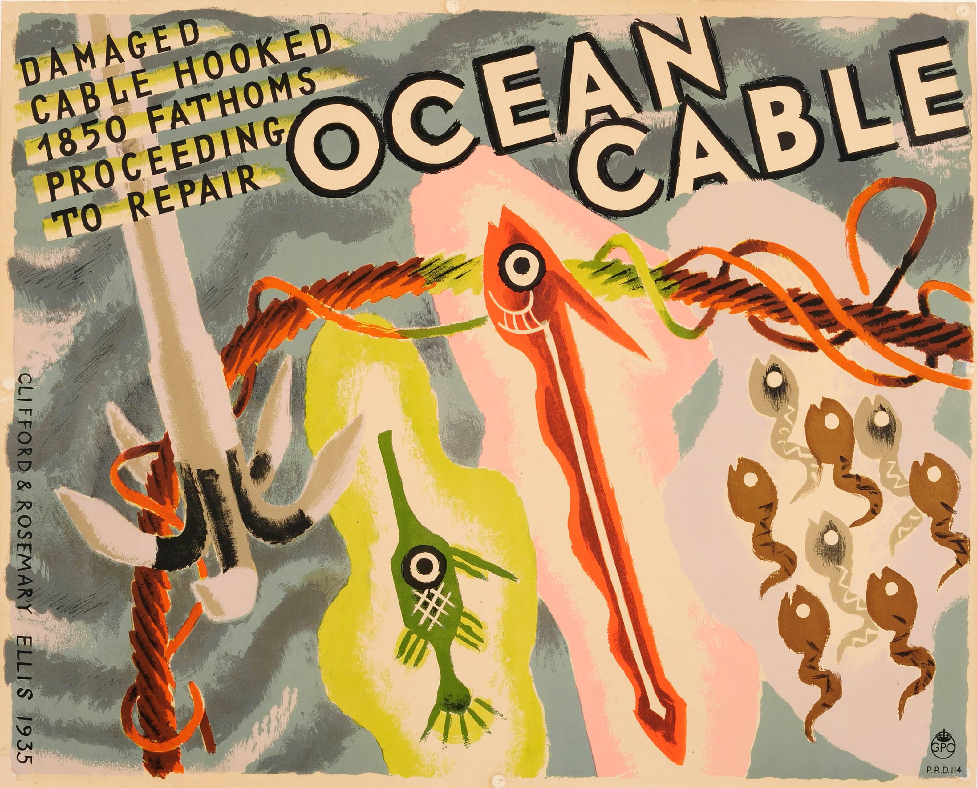 Clifford & Rosemary Ellis Print - Original 1935 GPO General Post Office Ocean Cable Poster - Damaged Cable Hooked