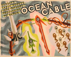 Original 1935 GPO General Post Office Ocean Cable Poster - Damaged Cable Hooked