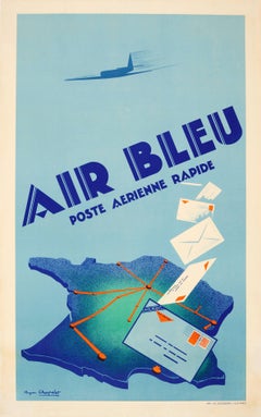 Affiche Art déco originale pour Air Bleu Poste Aerienne Rapide Air Mail