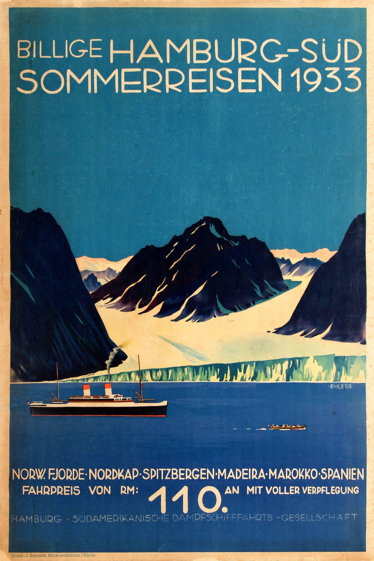 Henry Ehlers - Original Vintage Art Deco Cruise Ship Travel Poster For  Hamburg Sud Summer Trips at 1stDibs