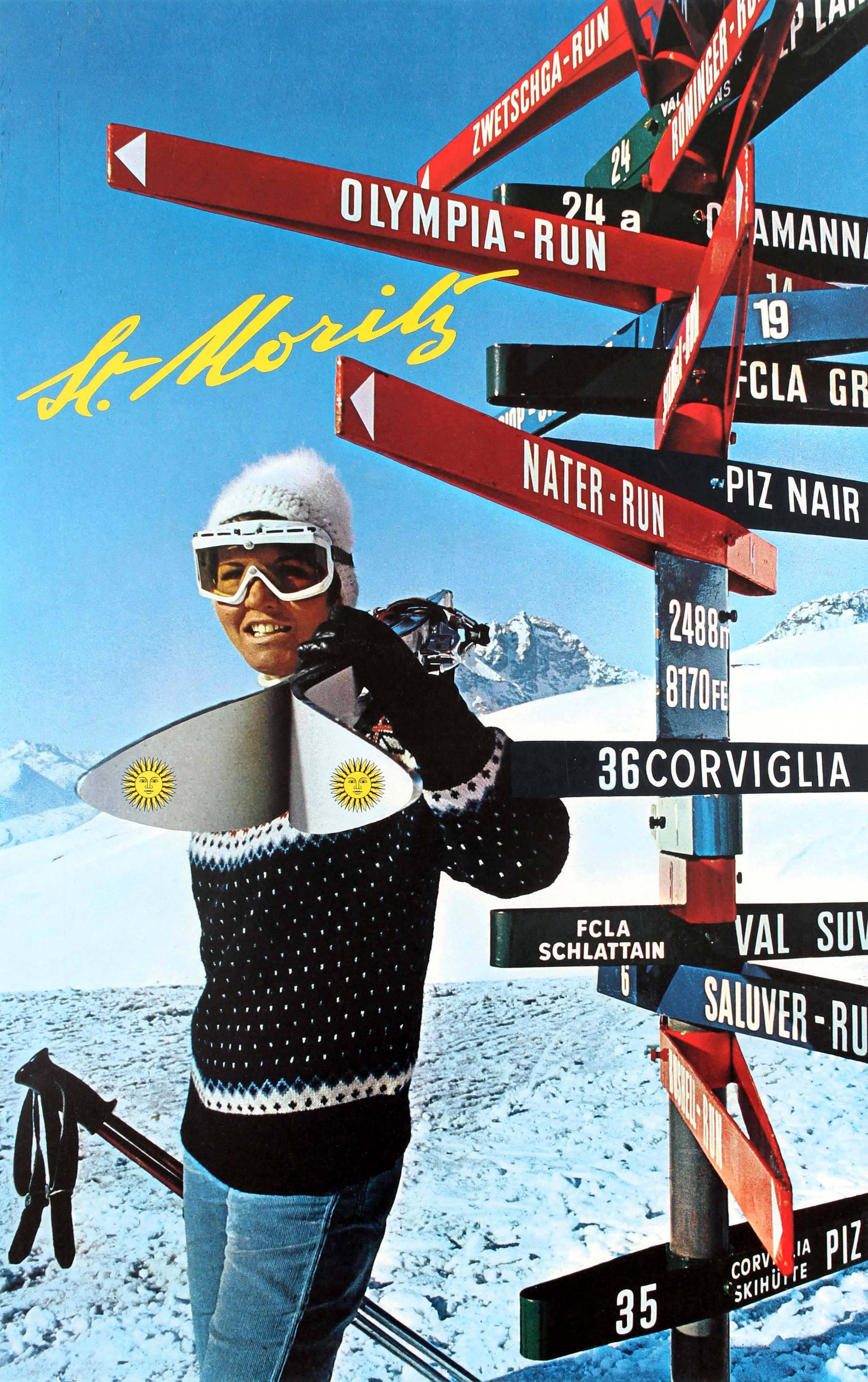 Unknown Print - Original Vintage Swiss Ski Poster For St Moritz - Olympia Run Nater Run Piz Nair