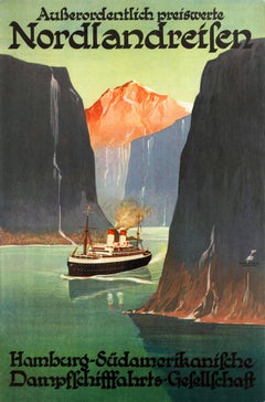 Original Vintage Hamburg Sud Nordlandreisen Cruise Ship Travel Poster For Norway