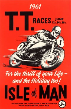 Rare Original Vintage Motorcycle Racing Poster For The 1961 Isle of Man TT Race