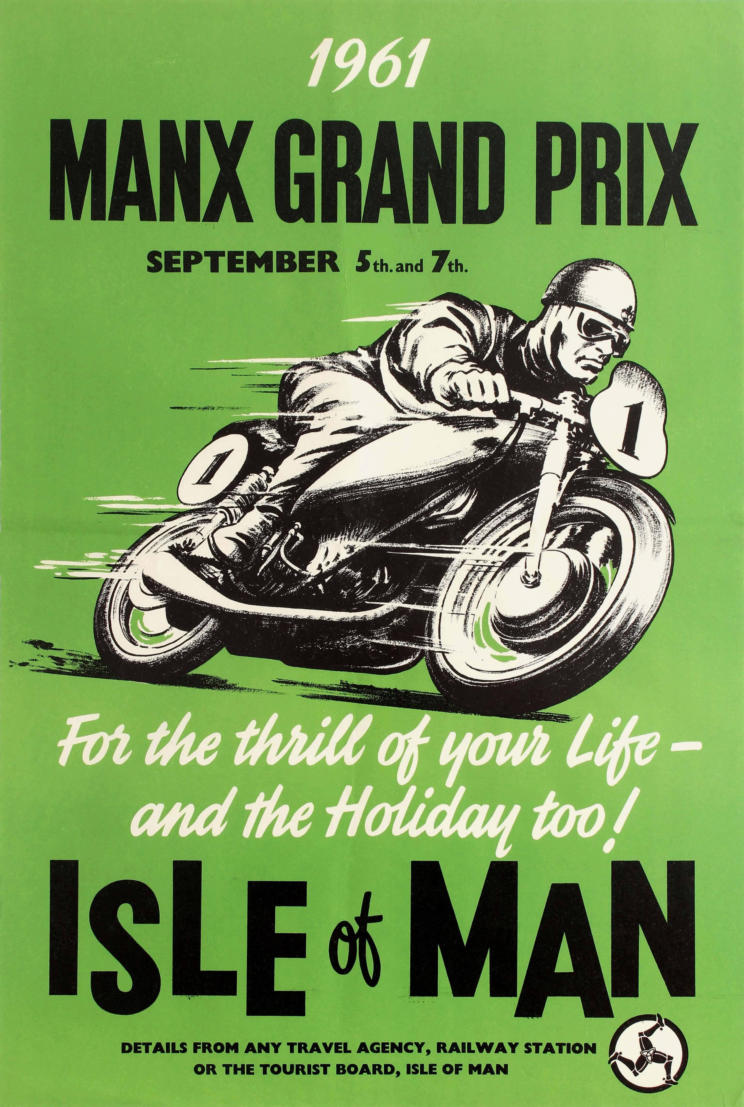 Unknown Print - Original Vintage Manx Grand Prix Motorcycle Poster - For The Thrill Of Your Life
