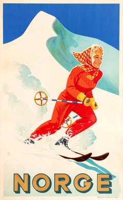 Original Vintage Winter Sports Travel Poster Promoting Skiing In Norway - Norge