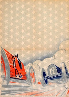 Rare Early Original Art Deco Car Racing Poster Featuring A Classic Car Race