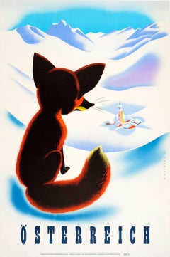 Original Vintage-Winter-Reise-Skiplakat für Österreich Osterreich mit einem Fuchs