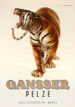 Original Vintage Swiss Advertising Poster For Gansser Pelze Featuring A Tiger