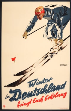 Original Vintage 1935 Winter In Germany Skiing Poster For Fun And Relaxation