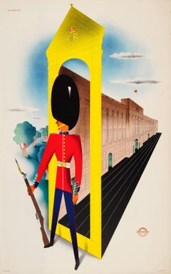 Original Mid-Century Design London Transport Poster Ft. Buckingham Palace Guard