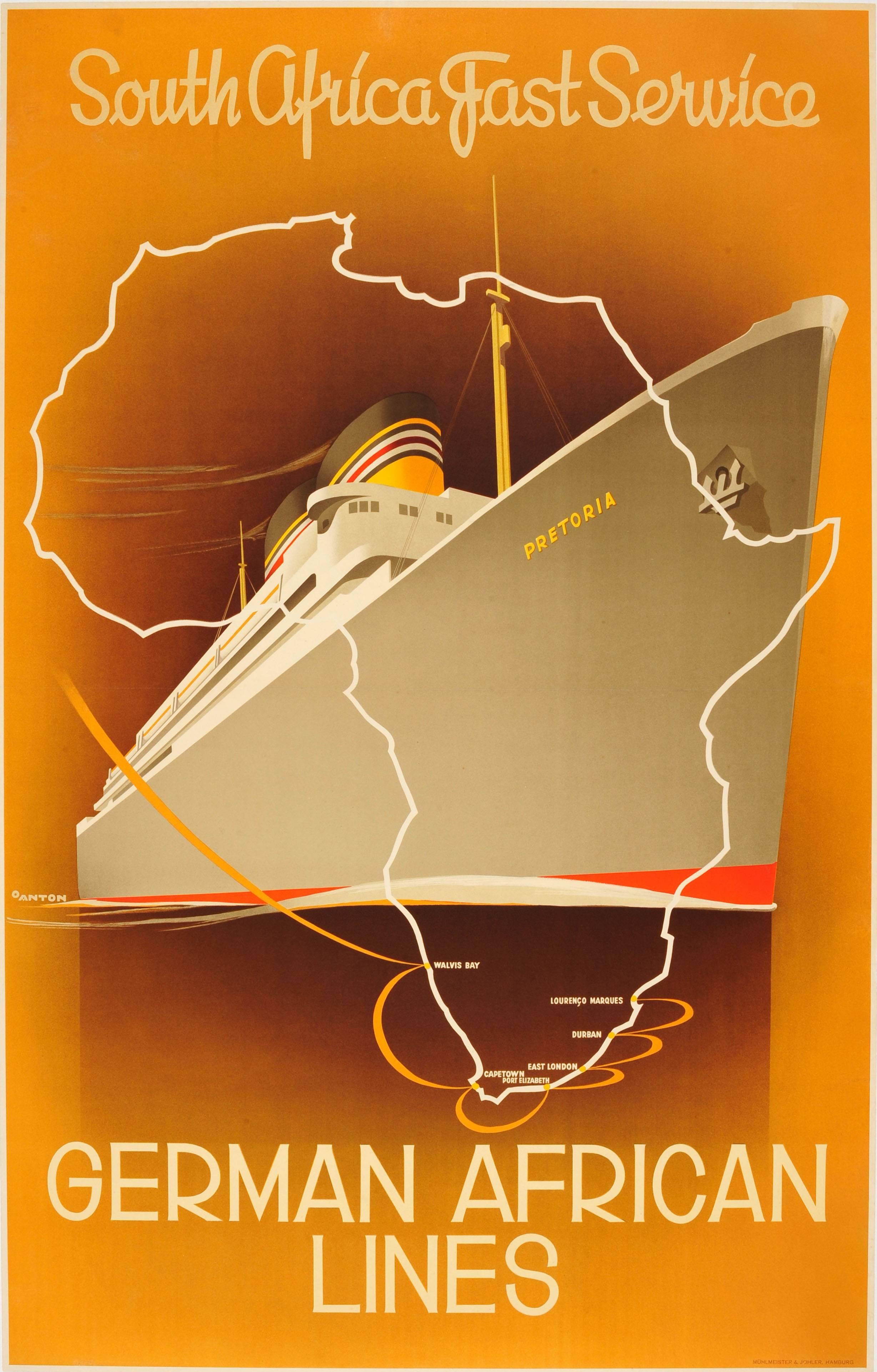 Ottomar Anton Print - Original Art Deco German African Lines Cruise Poster For South Africa - Pretoria