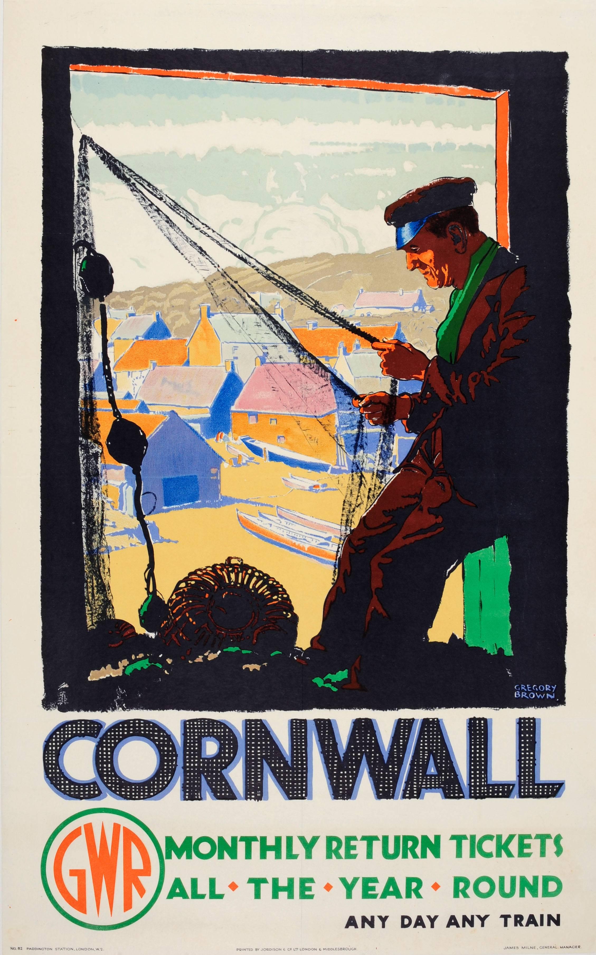 Frederic Gregory Brown Print - Original Vintage GWR Great Western Railway Travel Poster For Cornwall By Train