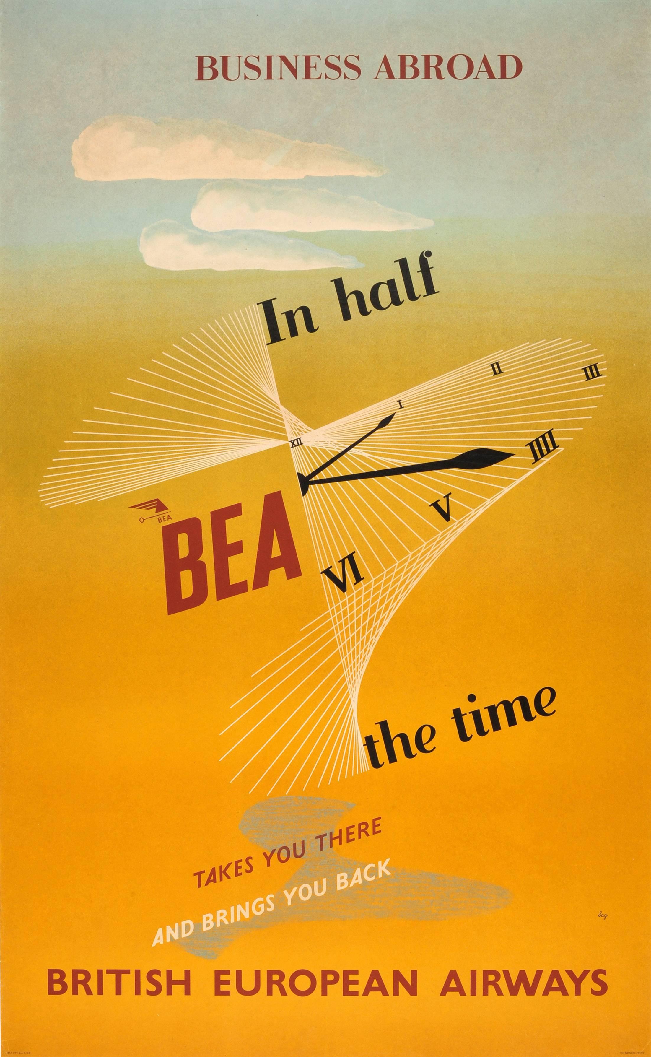 Original Vintage Midcentury British European Airways Poster For Business Abroad
