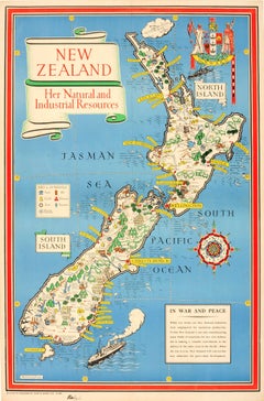 Original WWII Map Of New Zealand - Natural & Industrial Resources In War & Peace