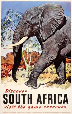 Vintage Original Travel Poster Discover South Africa Visit The Game Reserves Ft Elephant