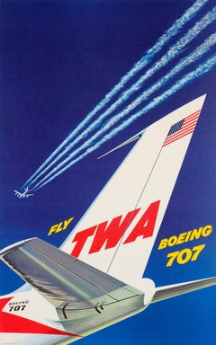Original Used Trans World Airlines Jetliner Travel Poster Fly TWA Boeing 707