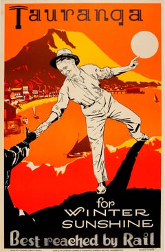 Original Vintage New Zealand Railway Travel Poster Tauranga For Winter Sunshine