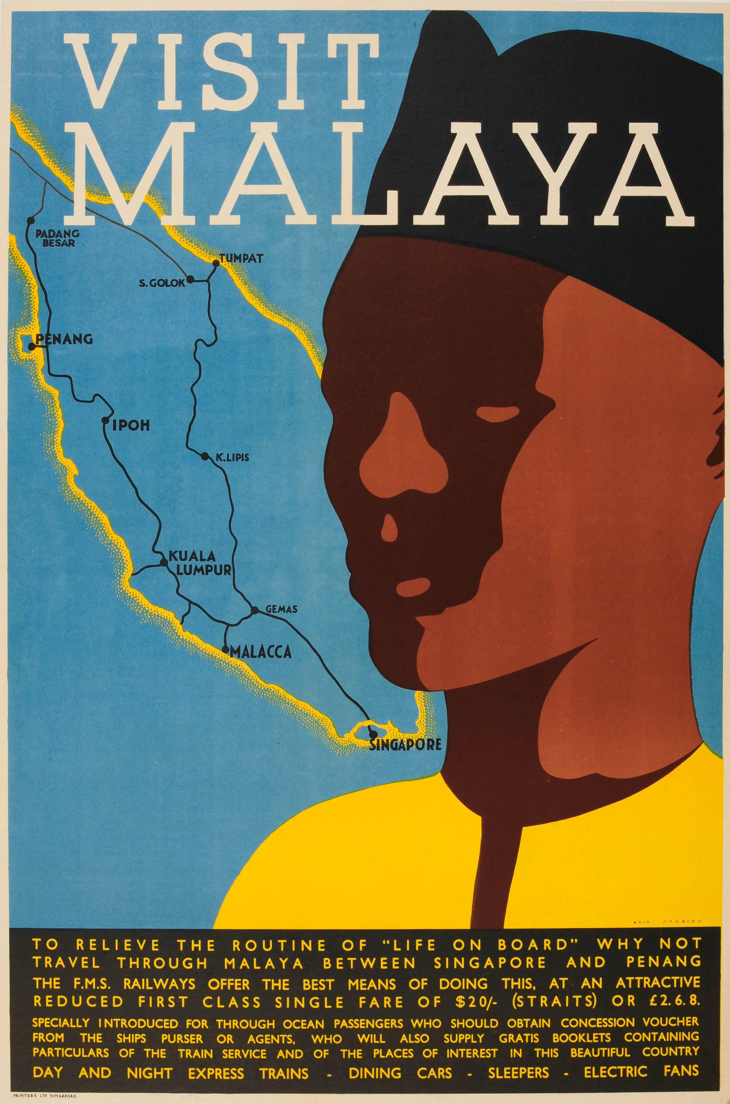 Bain Studio Print - Original FMS Railways Travel Poster For Malaysia And Singapore - Visit Malaya