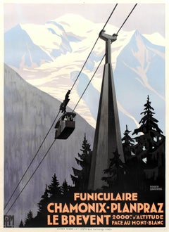 Affiche d'origine Art Déco PLM par Broders - Chamonix Planpraz Le Brevent Cable Car