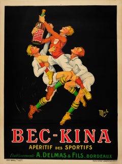 Large Original Vintage Drink Poster Ft. Rugby For Bec Kina Aperitif Des Sportifs