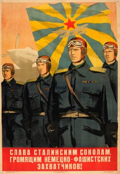 Rare affiche originale de l'armée de l'air soviétique de la Seconde Guerre mondiale : Les faucons de Staline écrasent les envahisseurs allemands