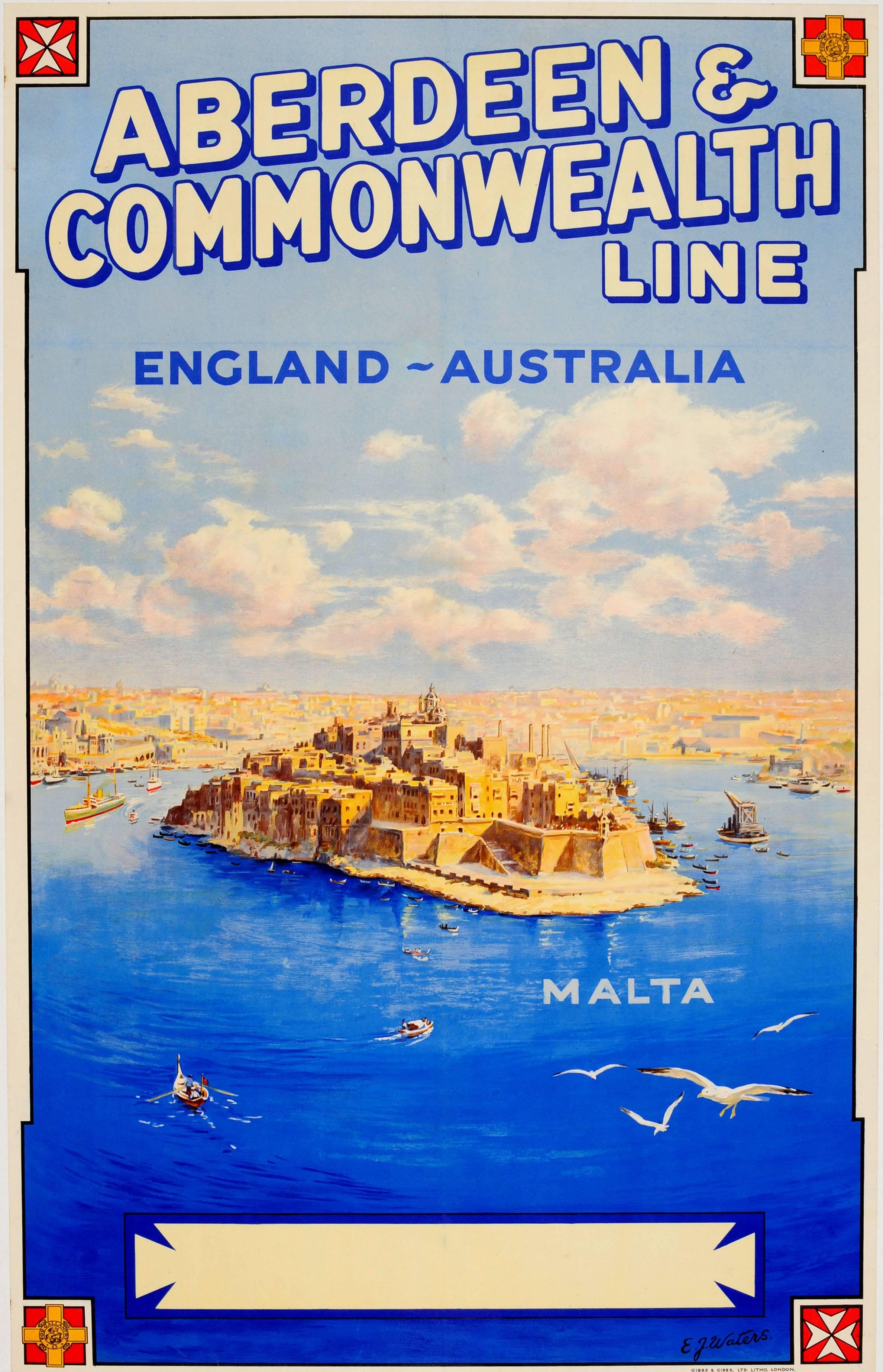 E.J. Waters Print - Original Vintage Aberdeen & Commonwealth Line England Australia Poster Ft. Malta