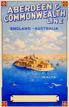 Original Vintage Aberdeen & Commonwealth Line England Australia Poster Ft. Malta