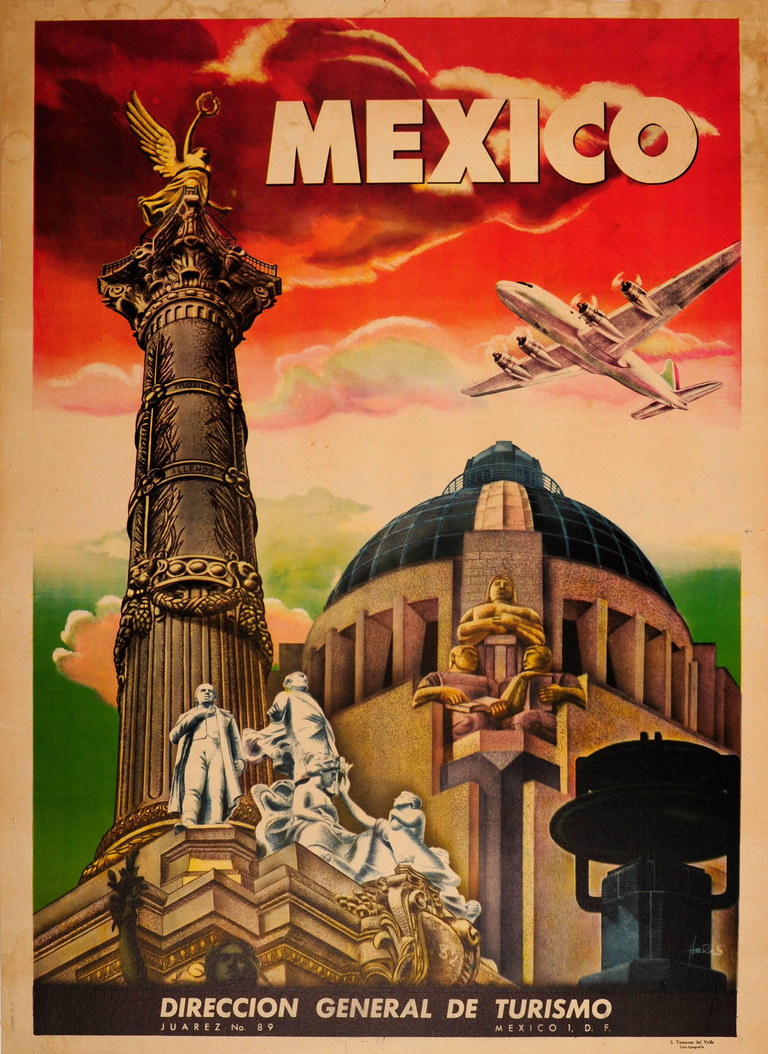Unknown Print - Original Vintage Art Deco Style Mexico Travel Poster Ft. Mexico City Monuments