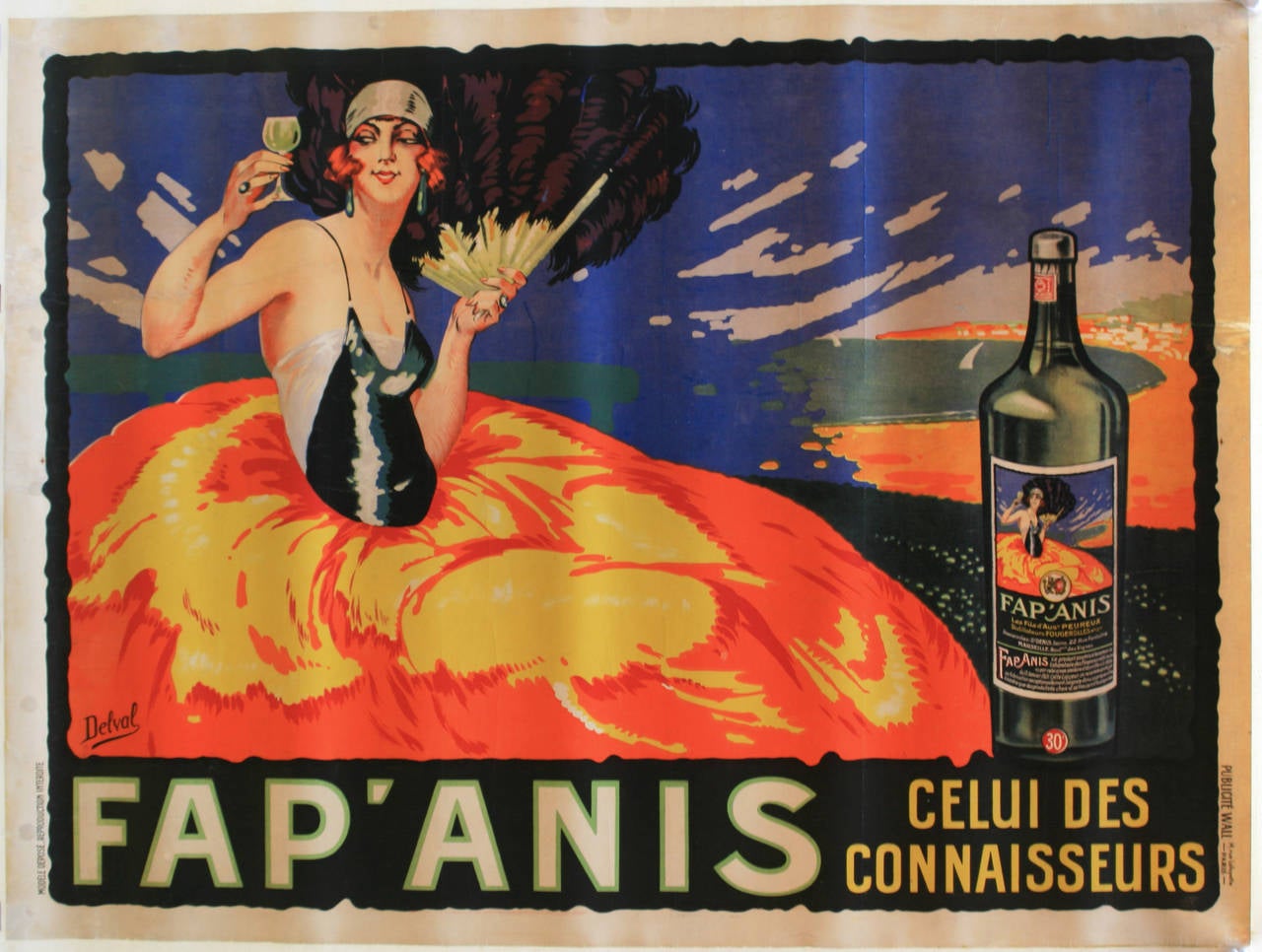 Delval Print - Large Horizontal Original Vintage 1930s Drink Advertising Poster For Fap'Anis