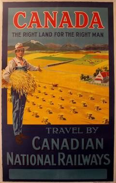Original Antique Railway Travel Poster: Canada, The Right Land For The Right Man