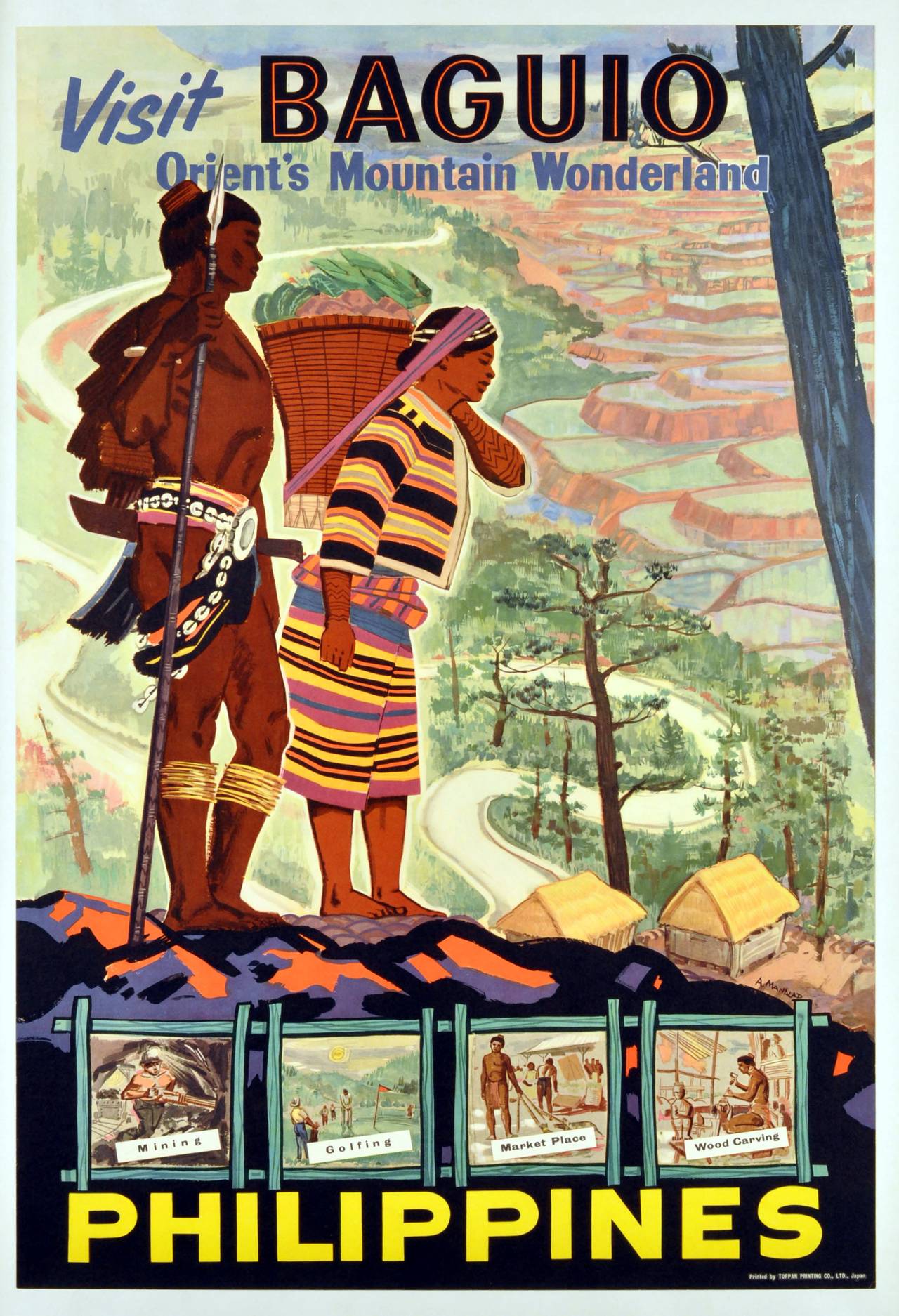 A. Manalad Print - Original Vintage Poster: Visit Baguio, Philippines, Orient's Mountain Wonderland