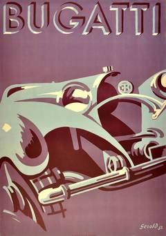 Affiche publicitaire originale et emblématique de la voiture Bugatti Art Déco par Gerold Hunziker 1932