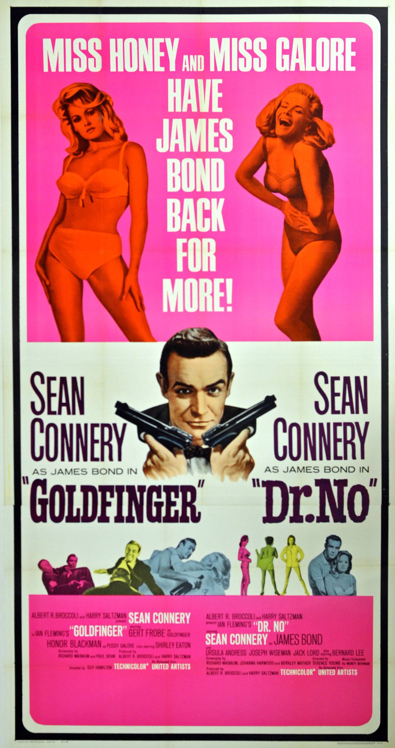 Unknown Print - Original Three Sheet James Bond 007 Movie Poster For Dr No And Goldfinger