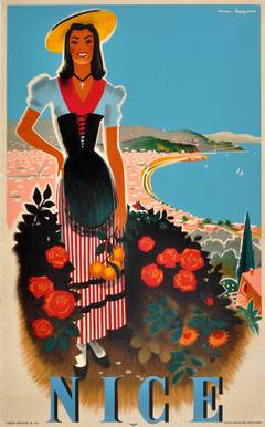 Original Retro 1950s Travel Poster: Nice, Cote d'Azur (French Riviera), France