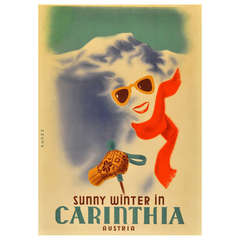 Vintage Original Alpine Skiing Poster Advertising a Sunny Winter in Carinthia, Austria