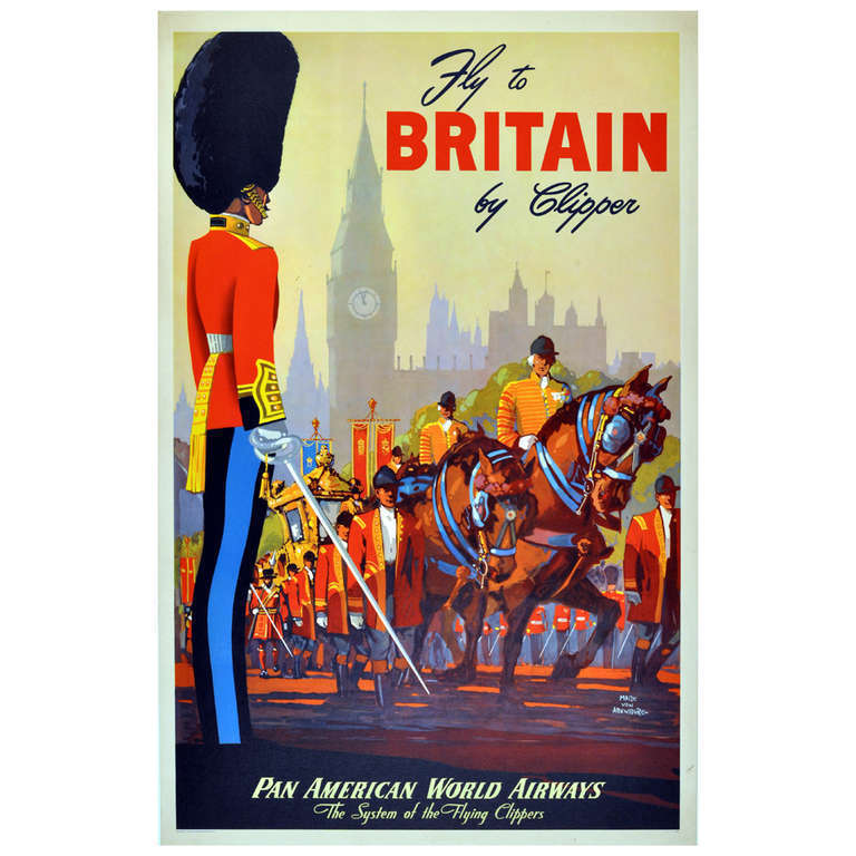 Unknown Print - Fly to Britain, Original 1948 PanAm Travel Poster featuring the Royal Procession