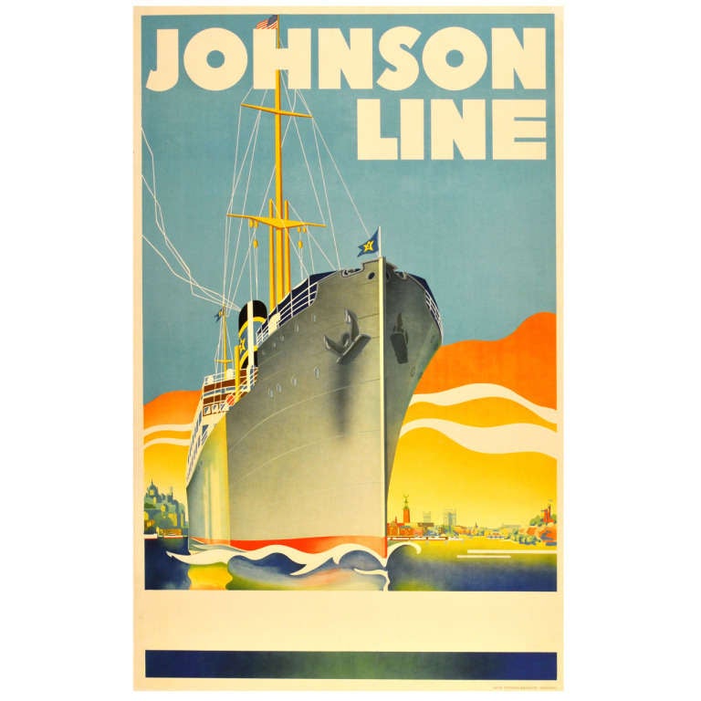 Unknown Print - Original Vintage 1930s Art Deco Travel Poster for Johnson Line Cruise Ships