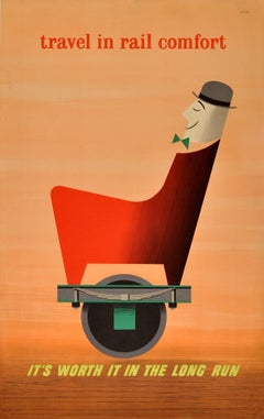 Original Vintage Mid-Century Modern Advertising Poster - Travel in Rail Comfort