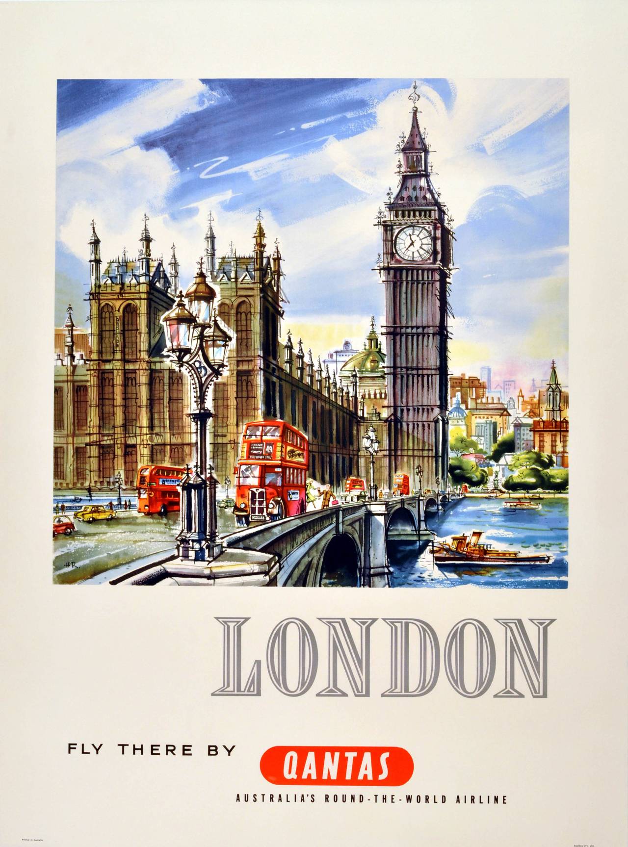 Harry Rogers Print - Original 1950s Vintage Travel Advertising Poster: London - Fly There By Qantas