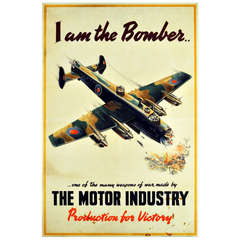 Rare affiche de propagande de l'industrie automobile des années 1940 : Deuxième guerre mondiale - Je suis le bombardier !