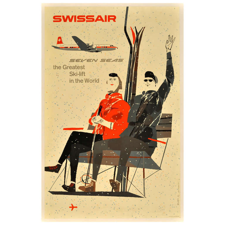 Unknown Print - Mid-century skiing poster: Swissair - the greatest ski lift in the world