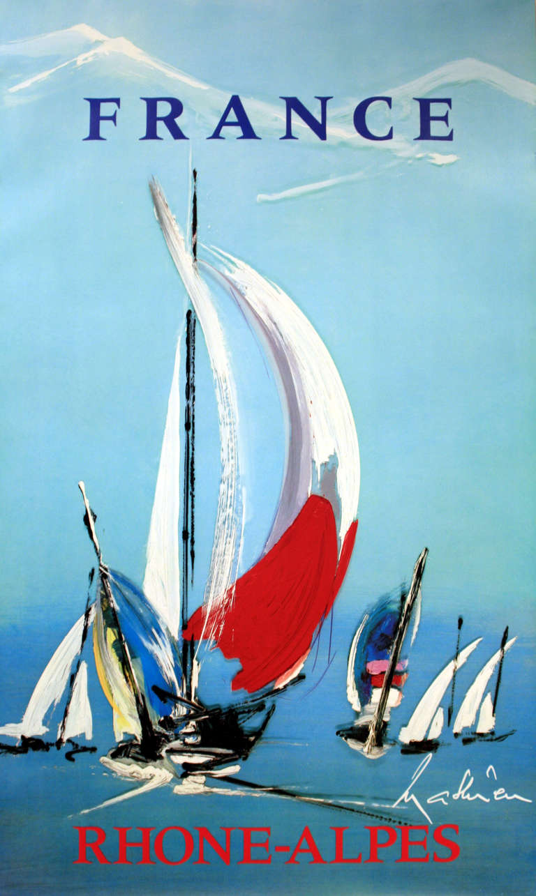 Original vintage poster for the Rhone Alps, France. Abstract image of sailing boats with snowy mountain peaks in the background designed by the French abstract expressionist, Georges Mathieu (1921-2012), famous for his Air France posters. Excellent