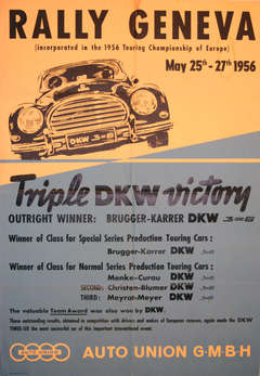 Original Vintage sport poster for the Rally Geneva 1956, rare early Audi poster