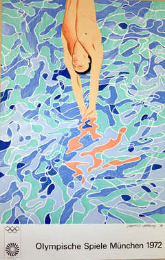 Diver: original vintage 1972 Munich Olympics poster by Hockney, limited edition
