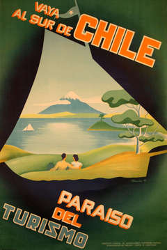 Rare original vintage travel advertising poster promoting Chile, South America