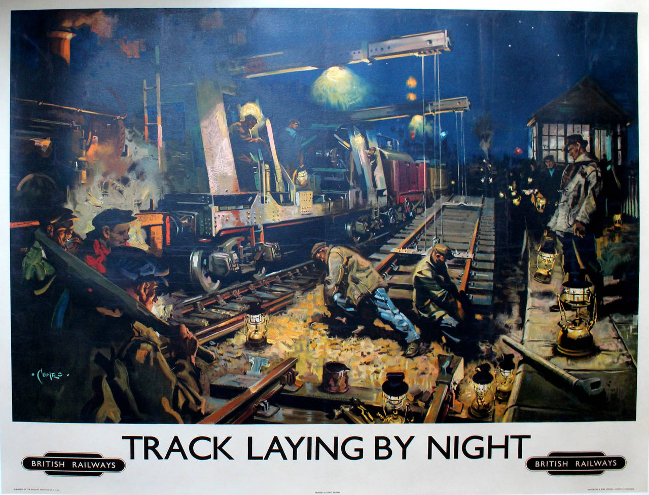 Original vintage British Railways poster - Track Laying By Night. Stunning industrial image featuring men working by overhead lights and lanterns, laying new railway tracks. Artwork by the notable British artist, Terence Cuneo (1907-1996), who was