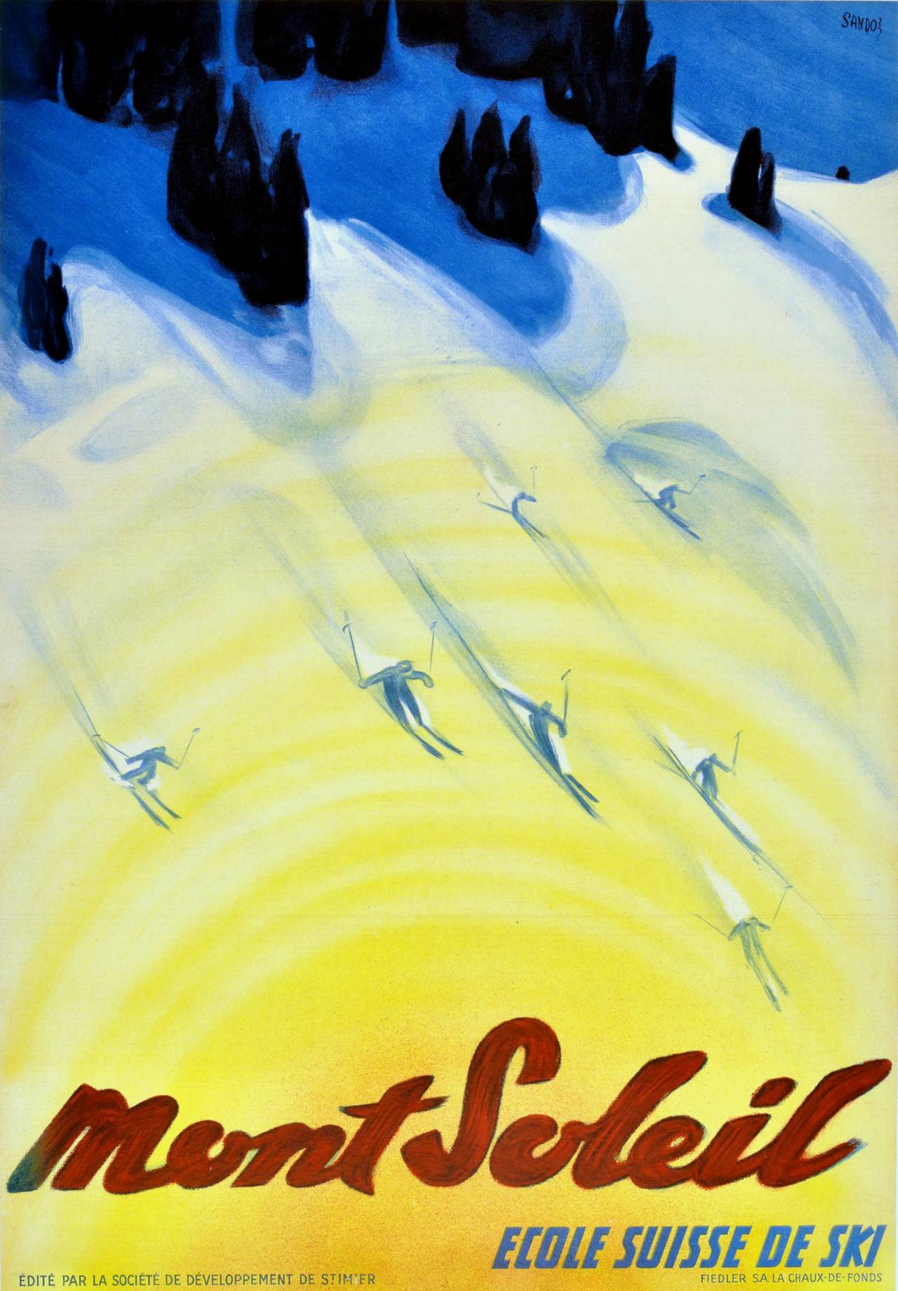 Henry Sandoz Print - Original 1940s Skiing Poster: Mont Soleil Ecole Suisse De Ski (Swiss Ski School)